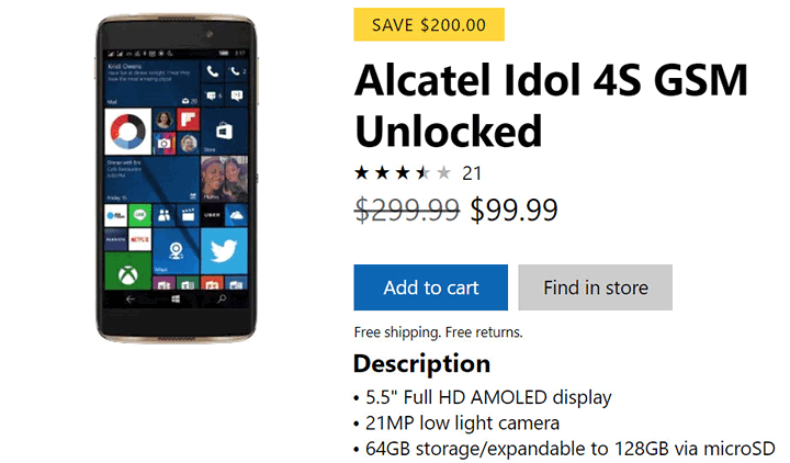 Alcatel Idol 4s. Купить этот Windows смартфон в магазине Microsoft Store можно всего за $100
