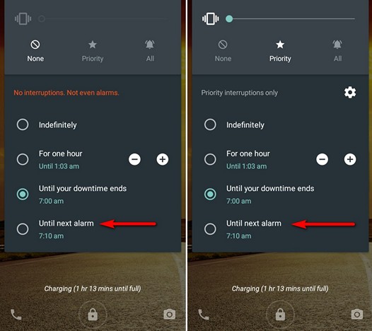 Новые возможности Android 5.1 Lolipop. Новая опция в меню управления уведомлениями, которая ограничивает их действие до времени ближайшего будильника