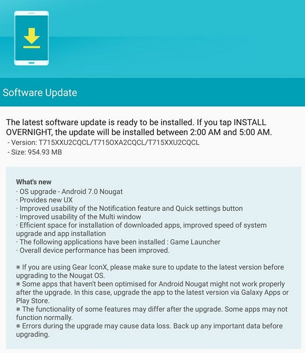 Обновление Android 7.0 Nougat для Samsung Galaxy Tab S2 выпущено и начинает поступать на планшеты