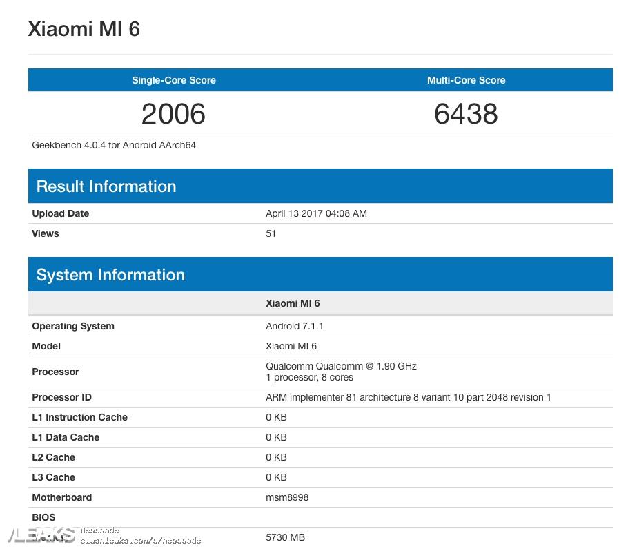 Xiaomi Mi 6 в тесте GeekBench показал лучшие результаты, чем Samsung Galaxy S8
