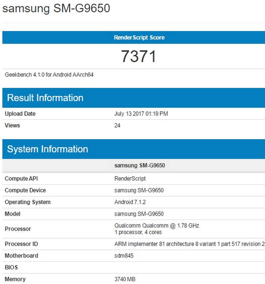 Samsung Galaxy S9 (SM-G9650) с процессором Qualcomm Snapdragon 845 на борту засветился на сайте Geekbench?