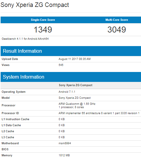 Sony Xperia ZG Compact с процессором Qualcomm Snapdragon 810 на борту засветился в базе данных теста Geekbench