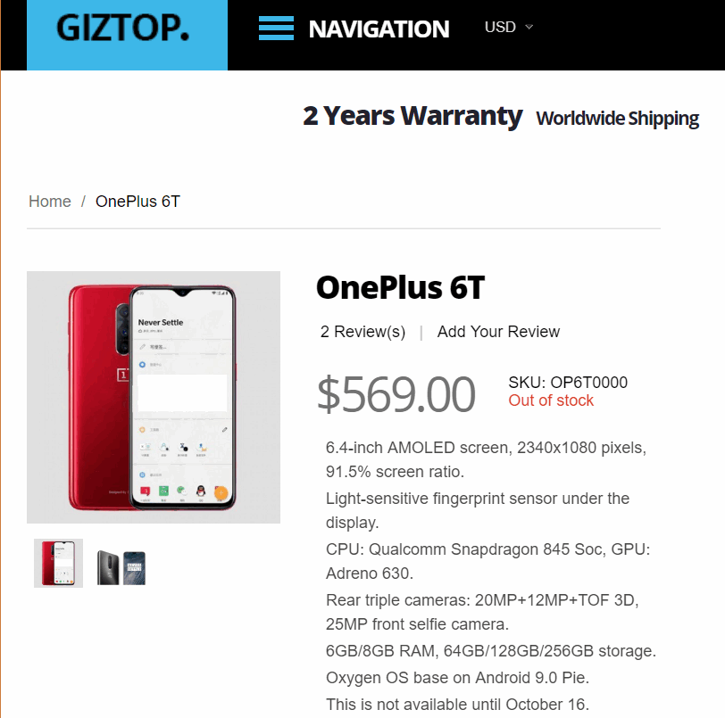 OnePlus 6T. Цена и основные технические характеристики смартфона просочились в Сеть