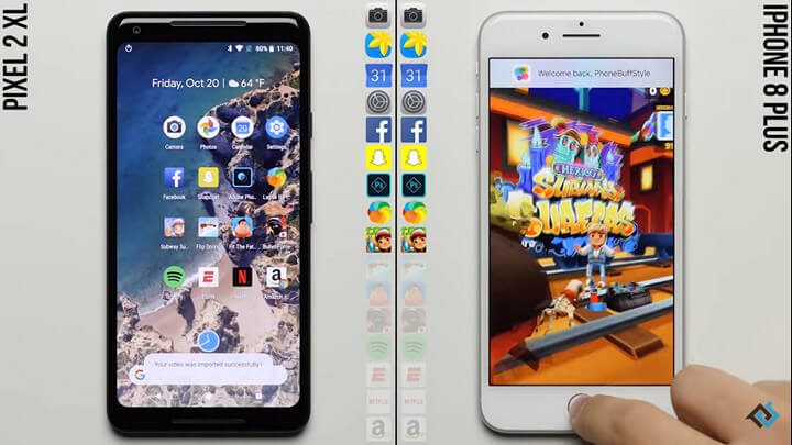 Pixel 2 против iPhone 8 Plus в тестах на скорость работы в реальных приложениях (Видео)