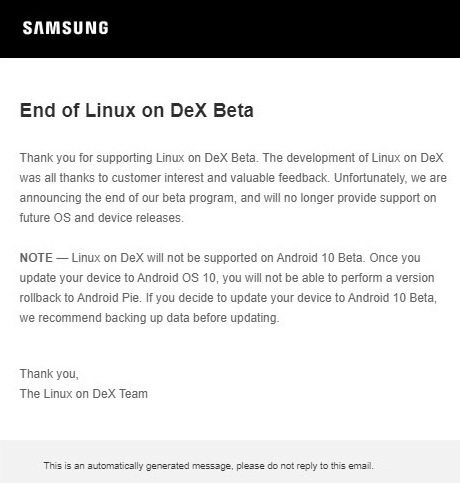 конец программы Linux on Dex
