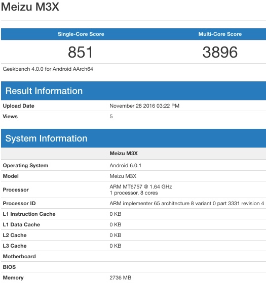 Meizu M3X. Технические характеристики смартфона накануне премьеры засветились на сайте Geekbench