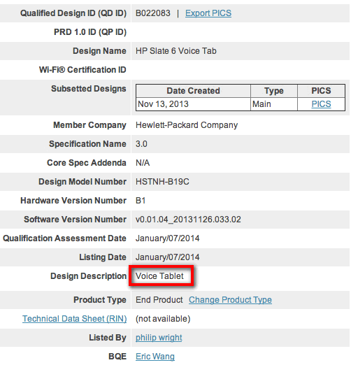 HP Slate 6 Voice Tab замечен на сайте Bluetooth SIG. Первый гибрид Android планшета и смартфона от Hewlett Packard на подходе?