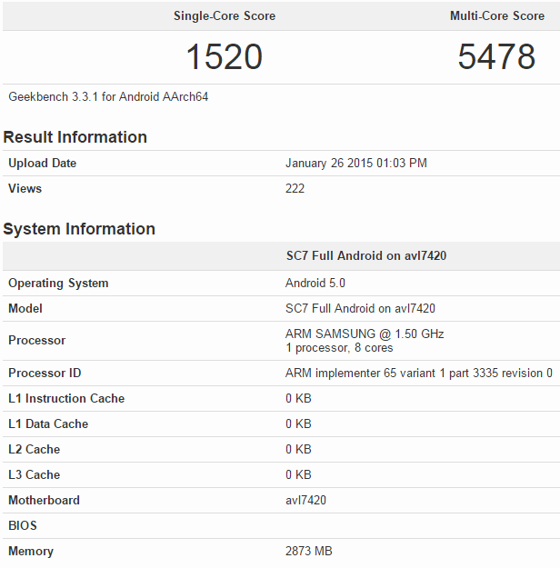 Процессор Exynos 7420 в составе Samsung Galaxy S6 засветился на сайте Geekbench 3.0