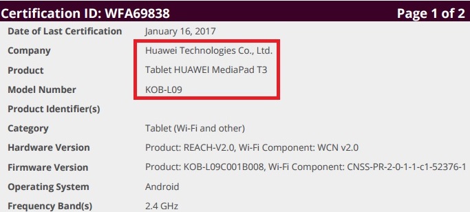 Huawei MediaPad T3 (KOB-L09) на подходе. Дебют новинки стоит ждать на MWC 2017