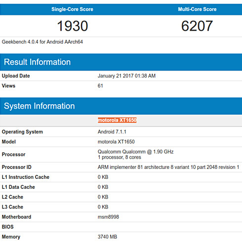 Lenovo Moto Z (2017)с процессором Snapdragon 835 на борту засветился на сайте Geekbench