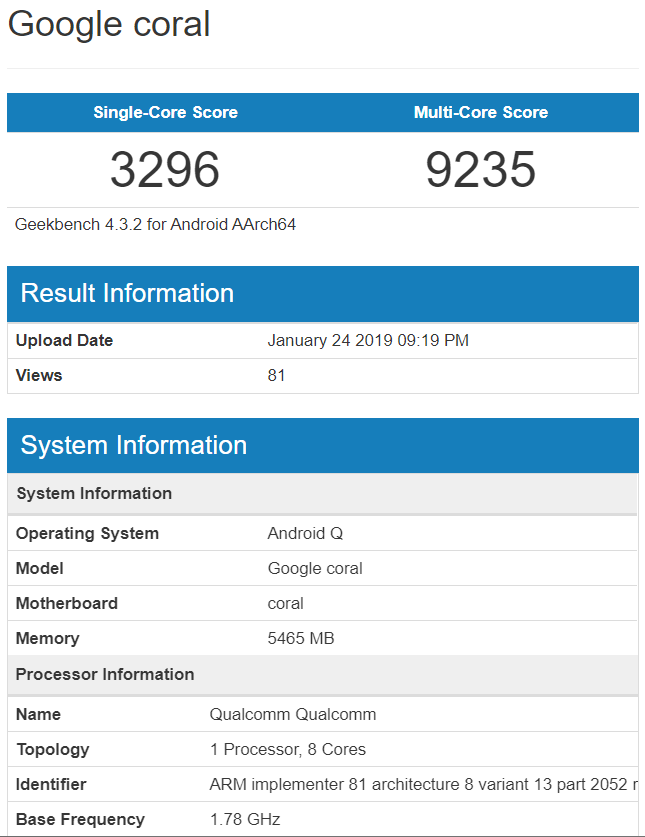 Google Coral. Смартфон или планшет с процессором Snapdragon 855, 6 ГБ оперативной памяти и операционной системой Android Q засветился в Сети