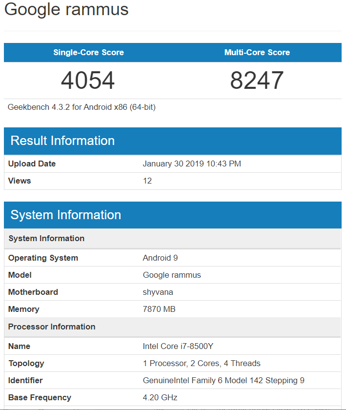 Google «Rammus» с процессором Intel Core i7-8500Y и 8 ГБ оперативной памяти засветился в Geekbench. Обновленный Pixel Slate на подходе?