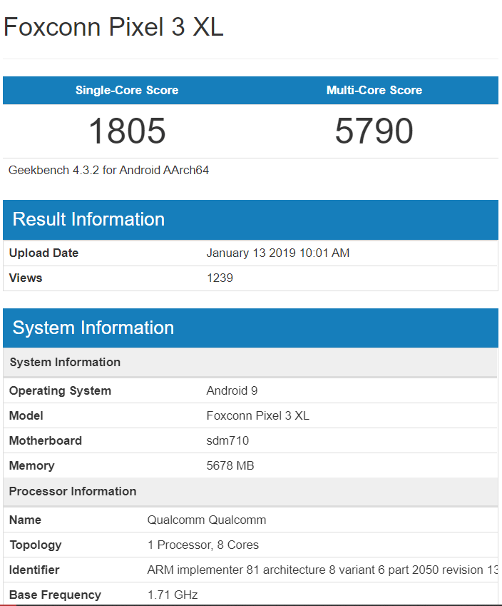 Pixel 3 XL Lite производства Foxconn с 6 ГБ оперативной памяти на борту засветился в Geekbench