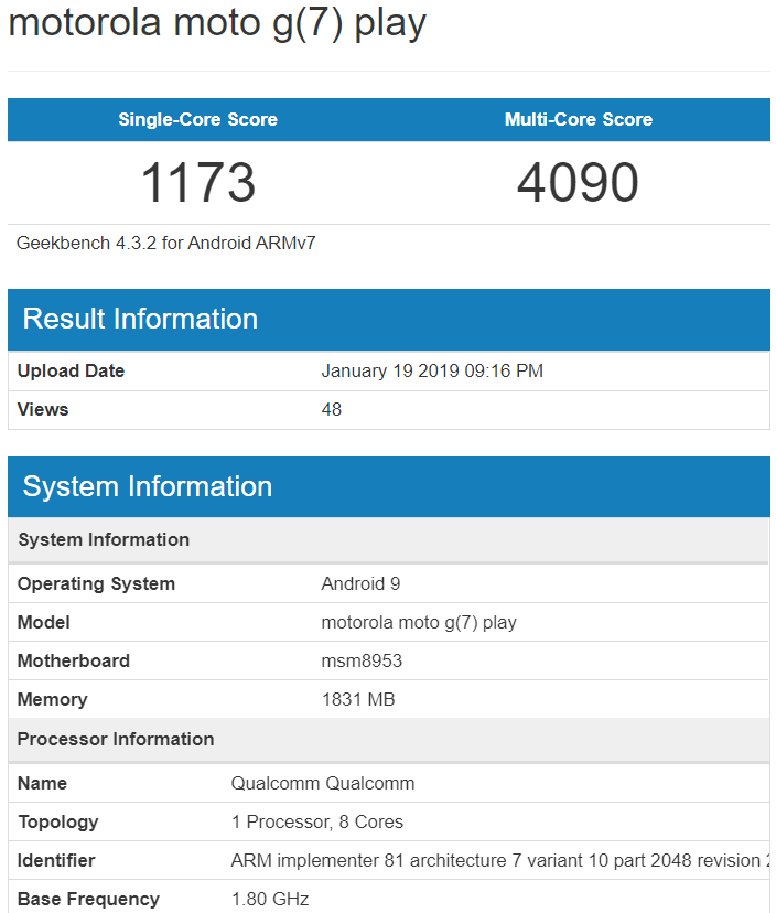 Moto G7 Play с процессором Snapdragon 625 засветился в Geekbench