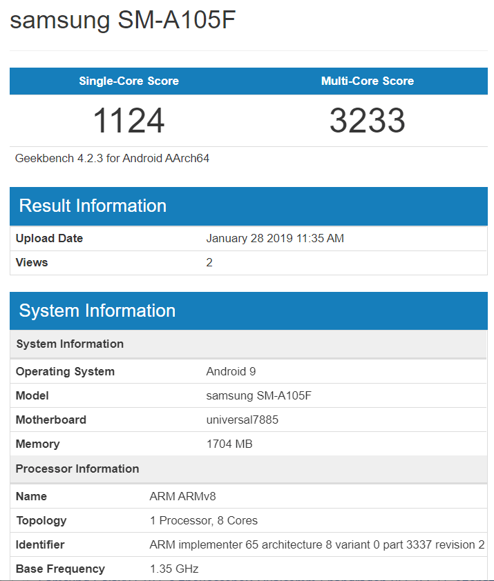 Samsung Galaxy A10 засветил свои технические характеристики в Geekbench