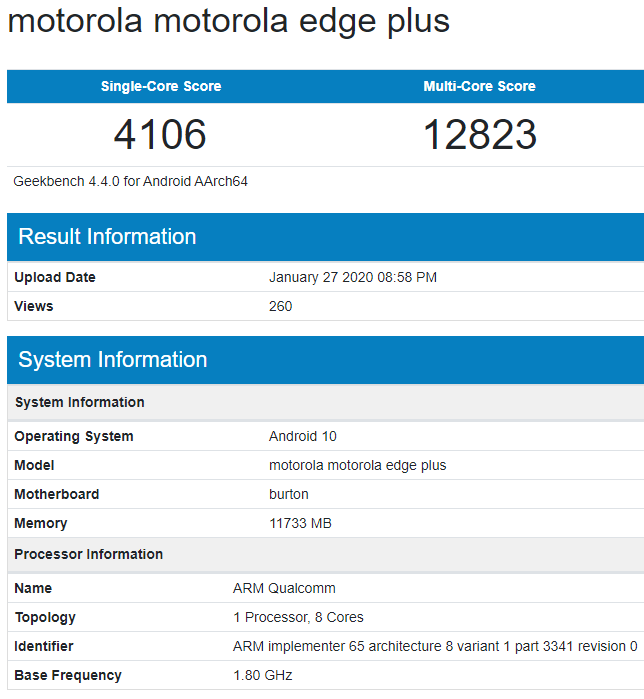 Motorola Edge Plus. Смартфон флагманского уровня с чипом Snapdragon 865 засветился в Geekbench