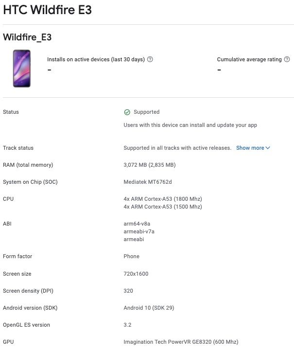 HTC Wildfire E3. Новый смартфон бюджетного класса замечен в списке консоли Google Play. Релиз новинки не за горами