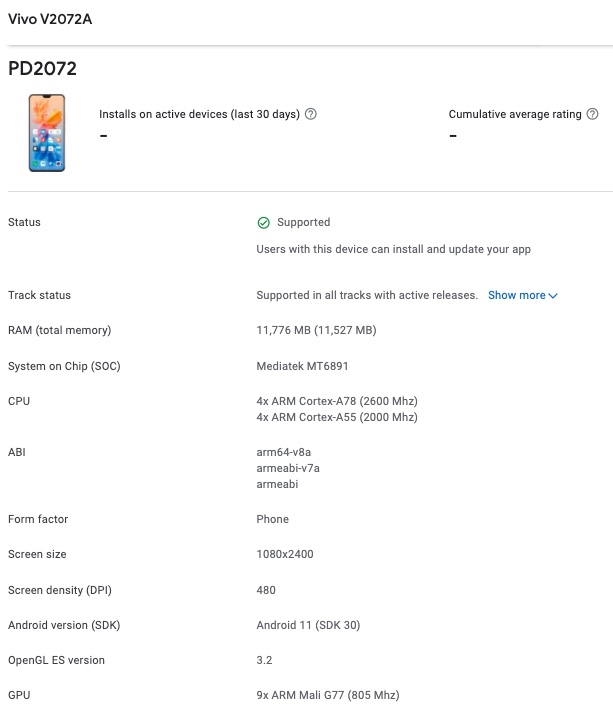 Vivo V2072A. 5G cмартфон с процессором Dimensity 1100 SoC засветил сведения о себе в консоли Google Play