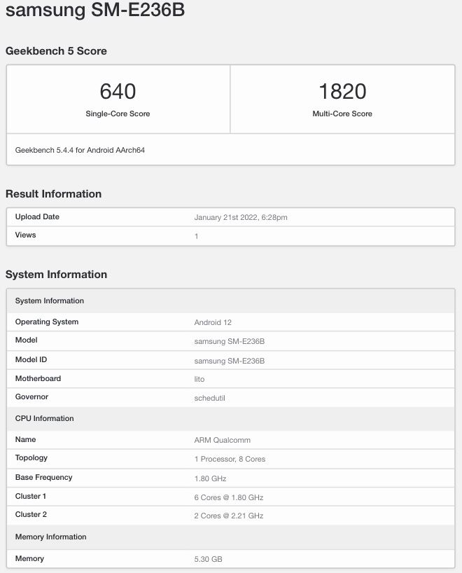 Samsung Galaxy F23 5G с процессором Snapdragon 750G, 6 ГБ оперативной памяти и операционной системой Android 12 замечен в Geekbench