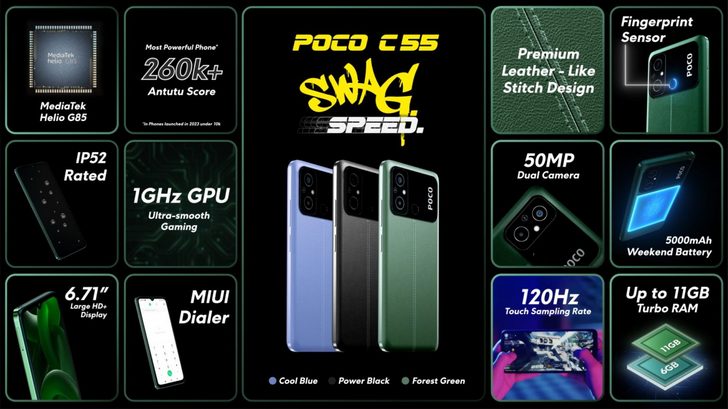POCO C55. Недорогой смартфон Xiaomi начального уровня с процессором MediaTek Helio G85 на борту и ценой от 115 долларов