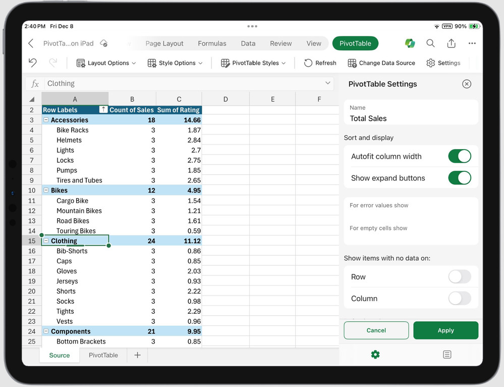 Excel для iPad обновился и теперь поддерживает долгожданную возможность: сводные таблицы!