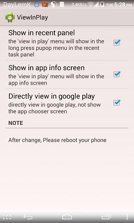 Программы для Android. ViewInPlay – модуль Xposed Framework, добавляющий ссылку Play Маркет в список запущенных приложений и окно информации о приложении