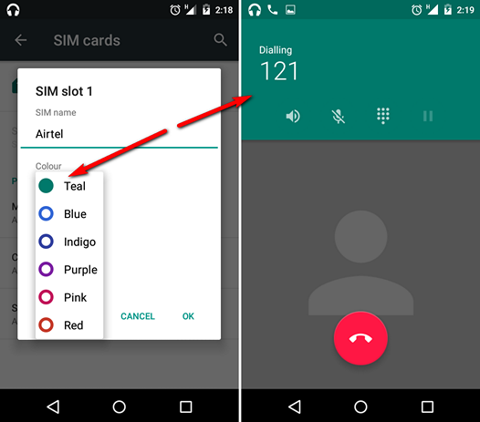 Новые функции Android 5.1. Приложение Телефон на Dual-SIM устройствах будет менять цвет фона на заданный вами ранее при звонке с разных SIM карт