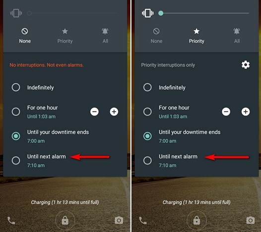 Новые возможности Android 5.1 Lolipop. Новая опция в меню управления уведомлениями, которая ограничивает их действие до времени ближайшего будильника