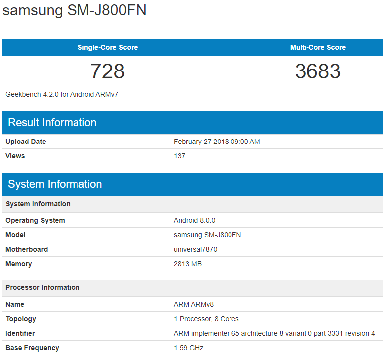 Galaxy J8. Новый смартфон Samsung засветил свои характеристики в Geekbench