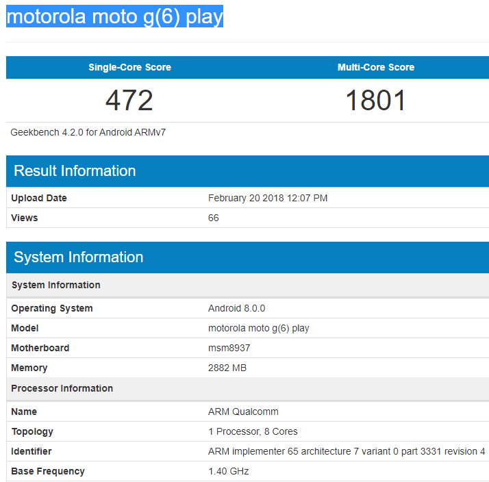 Moto G6 Play засветил свои основные технические характеристики в Geekbench