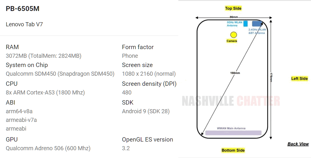 Новинка уже успешно прошла сертификацию в американской Федеральной Комиссии по Связи FCC и у нас появились свежие подробности о её начинке. Теперь мы знаем, что Lenovo Tab V7 будет иметь дисплей с разрешением Full HD+ (2160 х 1080 пикселей), 4 ГБ оперативной памяти и размеры 178 (длина) х 86 (ширина) миллиметров.