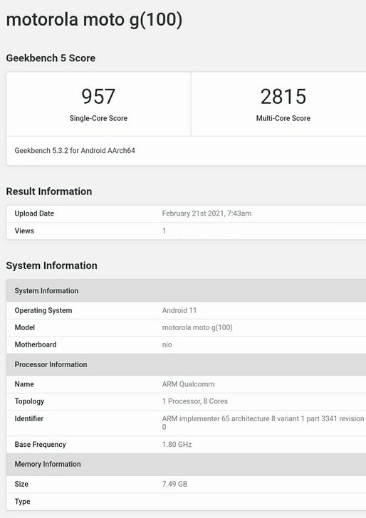 Moto G100 с процессором Snapdragon 870 замечен в Geekbench