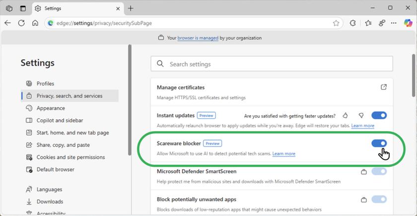 Microsoft Edge получил встроенный ИИ-блокировщик вредоносного ПО Scareware