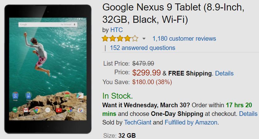 HTC Nexus 9. Купить планшет на Amazon можно со значительной скидкой, всего за $299.99