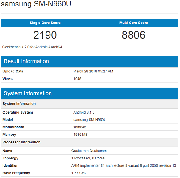 Galaxy Note 9 засветился в Geekbench и на официальном сайте Samsung 