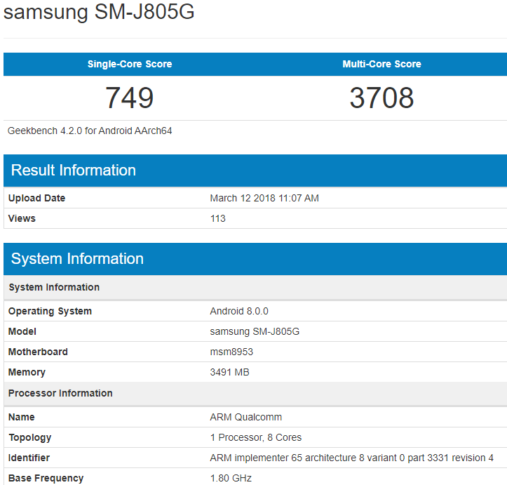 Samsung Galaxy J8 Plus засветил в Geekbench свой процессор Snapdragon 625 и 3 ГБ оперативной памяти