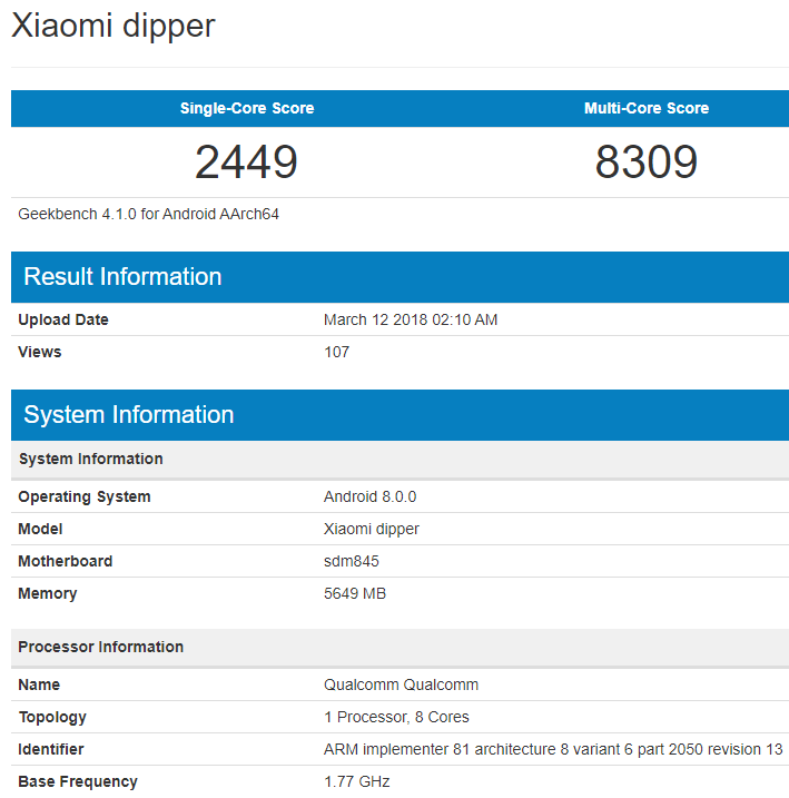 Xiaomi Mi 7. Основные технические характеристики смартфона засветились на сайте теста Geekbench