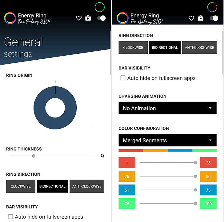 Приложения для Android. Energy Ring — индикатор зарядки батареи в виде кольца вокруг отверстия на экране смартфонов линейки Galaxy S10