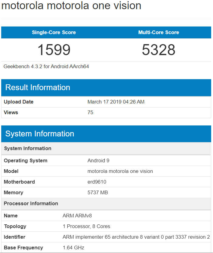 Motorola One Vision с процессором Samsung Exynos 9610 готовится к выпуску