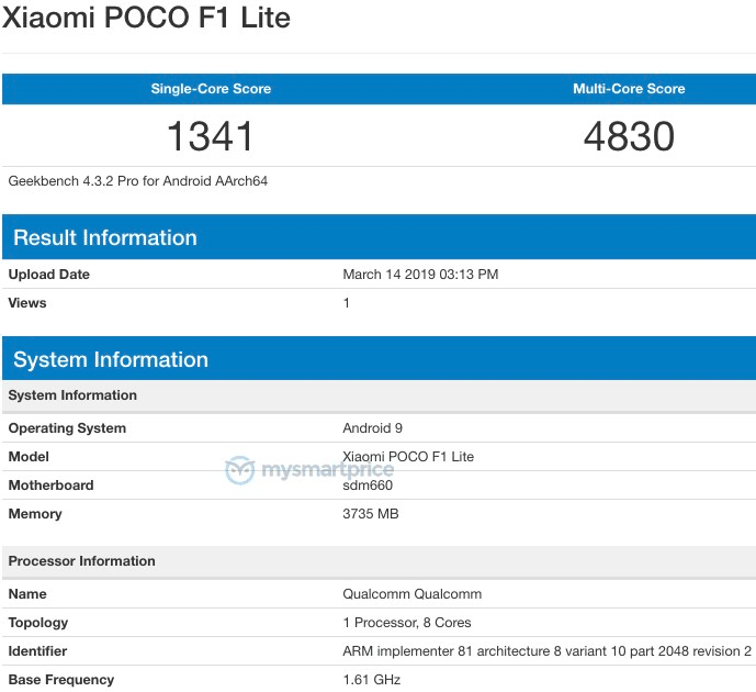 Pocophone F1 Lite (Xiaomi POCO F1 Lite) с процессором Qualcomm Snapdragon и 4 ГБ оперативной памяти на борту готовится к выпуску?