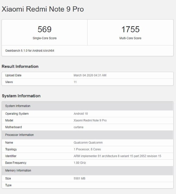 Redmi Note 9 Pro в базе данных теста Geekbench засветил сведения о своей начинке