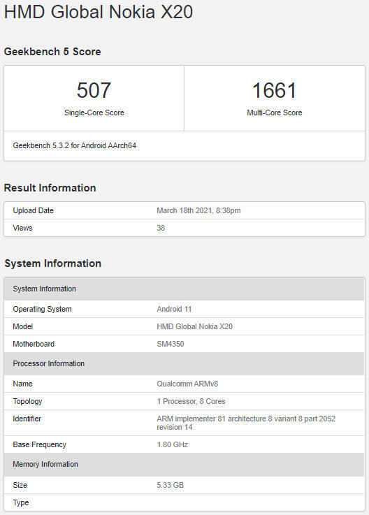 Nokia X20 с процессором Snapdragon 480 5G и 6 ГБ оперативной памяти появился на сайте Geekbench