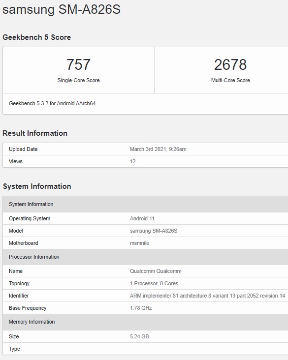 Samsung Galaxy A82 с процессором Snapdragon 855 засветился в Geekbench