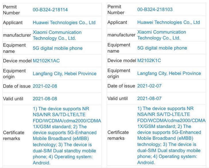 Xiaomi Mi 11 Pro и Mi 11 Ultra прошли сертификацию в TENAA и вскоре появятся на рынке