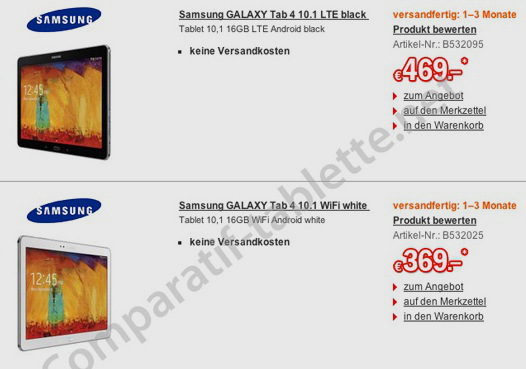 Цена Samsung Galaxy Tab 4 10.1 в Германии и Франции уже известна