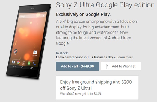 Купить Sony Z Ultra Google Play Edition теперь можно на $200 дешевле