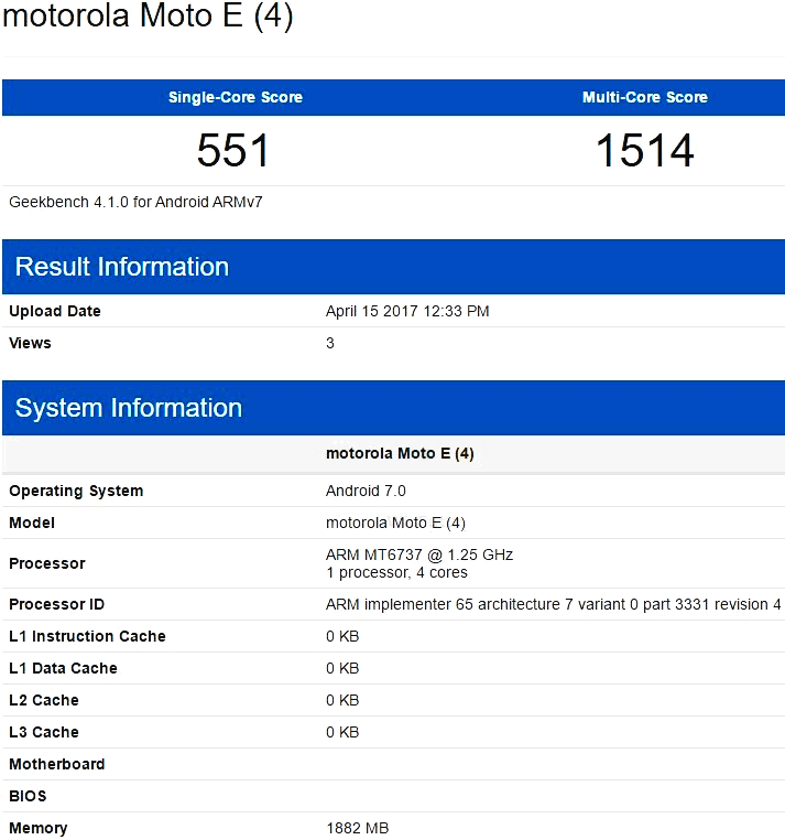 Moto E4. Технические характеристики смартфона засветились в GeekBench