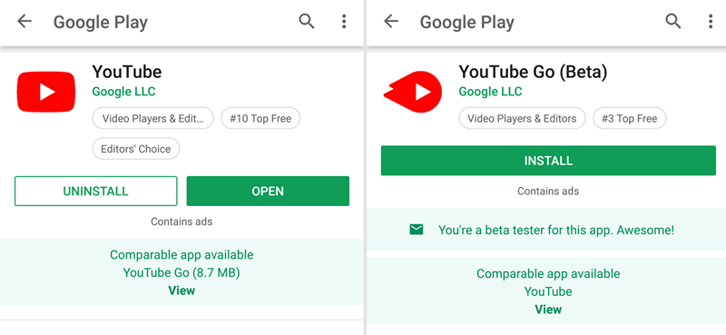 Google Play Маркет начал предлагать пользователям облегченные и Go версии приложений вместо полноразмерных