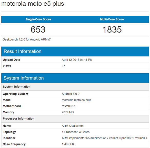 Moto E5 Plus. Основные технические характеристики смартфона засветились в Geekbench