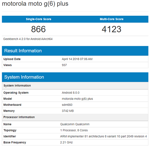 Moto G6 Plus засветил свои характеристики  на сайте GeekBench